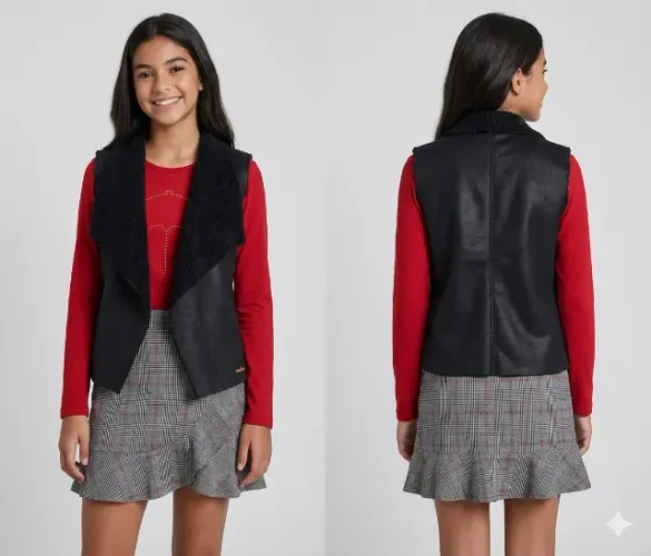 Colete Preto Marisol + Blusa Manga Longa Vermelha Kyly