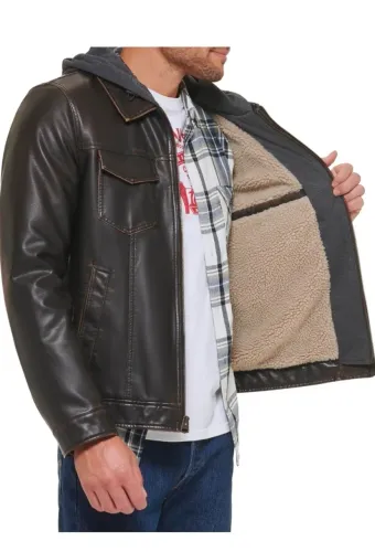 Jaqueta levis em couro sintetico forro sherpa - marrom - Novas