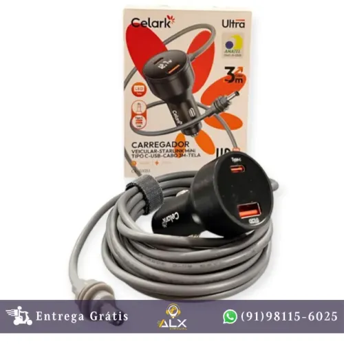 Carregador Starlink Mini Veicular Celark Ultra 48w Pd Cabo 3 Metros *ENTREGA GRÁTIS*