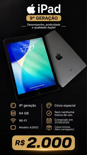 Apple iPad Wifi 9th Geração Cinza Espacial A2602 64GB 10.2 "