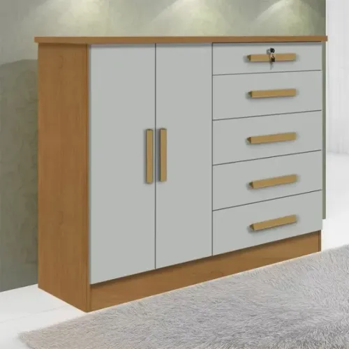 Comoda New Athos 5 Gavetas 2 Portas Cinamomo.Off White Frete Grátis