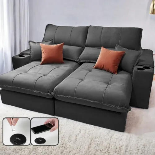 Sofá Retrátil e Reclinável Slim 2,60m C/USB e Molas Ensacadas tt43