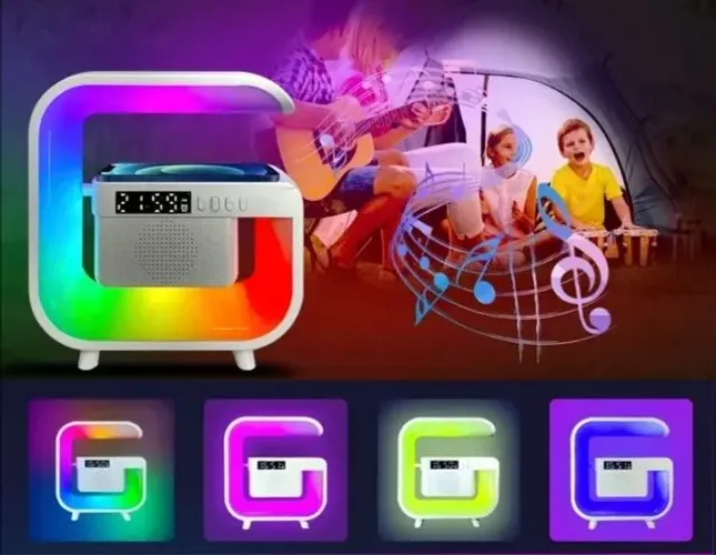 Caixa de Som com Iluminação LED e Rádio Relógio