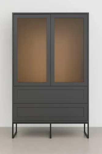 Armário Cristaleira em Mdf 18mm Grafite/Amadeirado Nogueira vidro canelado pé metalon.