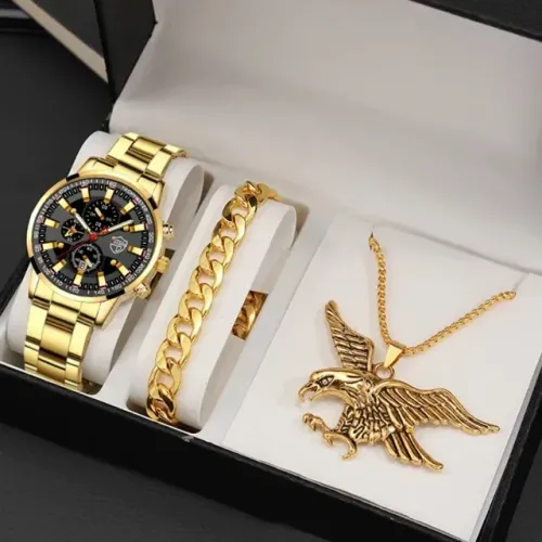 Kit Relógio Deyros + Cordão com Pingente Águia + Bracelete