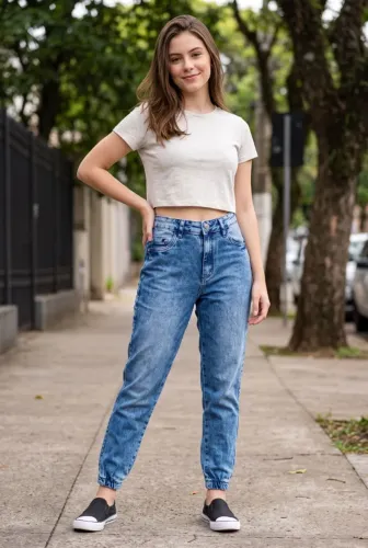 Calça Jeans Feminina Jogger Mokkai Cintura Alta com Elástico na Barra - Tamanho [38] 