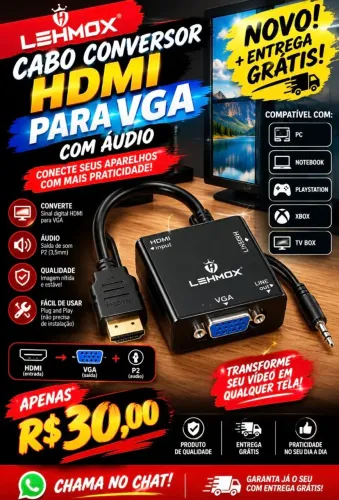 Cabo Conversor HDMI para VGA Lehmox