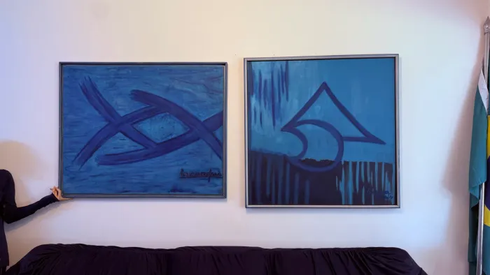 Par de quadros abstratos assinados por Luciana Morais