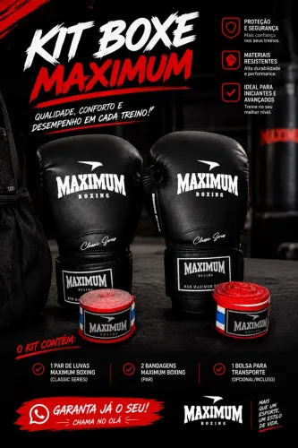 Kit Boxe Maximum Boxing: luvas Classic Series + bandagens 5M Thailand Boxing. Ótimo estado