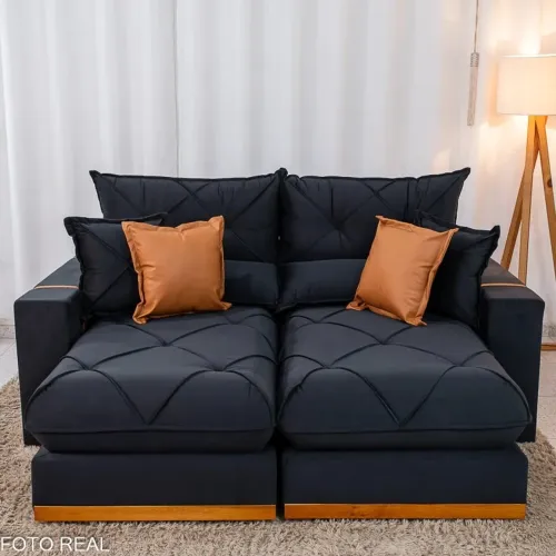 Sofá Retrátil Reclinável Gran Bello 2.00m Veludo Preto - Molas Ensacadas pronta entrega 