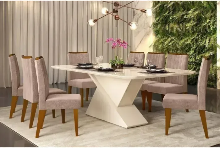 Mesa de Jantar 8 Lugares com Tampo de Vidro Branco
