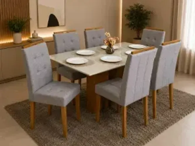 Mesa de Jantar Los Angeles com 6 Cadeiras Londres Linho Creme