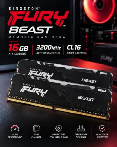 Kit Memória RAM Kingston FURY Beast 16GB (2x8GB) DDR4 3200MHz CL16