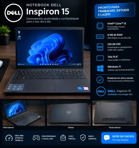 Notebook Dell Inspiron 15 Intel Core 3 100U, 8GB RAM, SSD 512GB