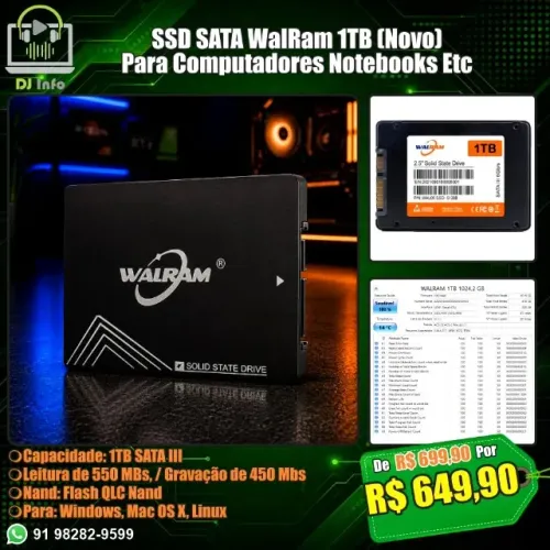 SSD SATA WalRam 1TB (Novo) Para Computadores Notebooks Etc