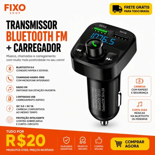 Transmissor Bluetooth FM Veicular + Carregador USB Novo Frete Gratis