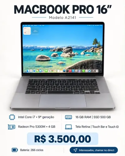 Macbook Pro A2141 Core i7 SSD 500GB 16GB mem Video dedicado AMD Radeon Pro 4GB GDDR6 5300M