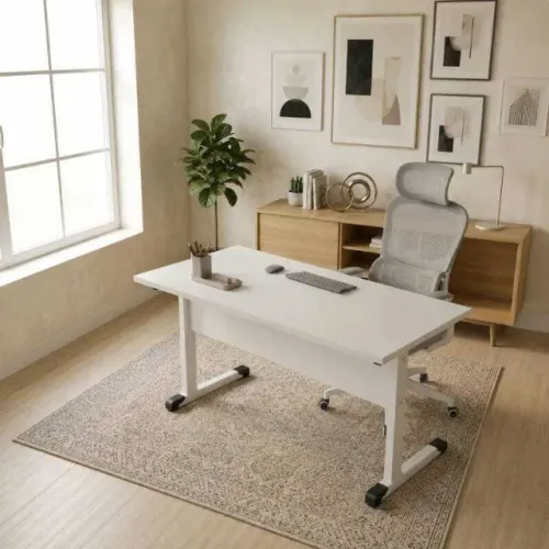 Combo Home Office, Mesa Branca135x67 + Cadeira Ergométrica Laruno Cinza