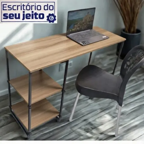 Mesa Industrial com prateleira Amadeirada 1,1m NOVA Multiuso para Computador Notebook Birô