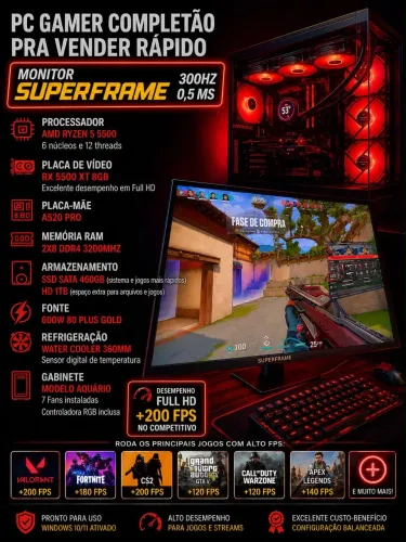 Pc gamer com monitor R5 5500x + Rx 5500xt