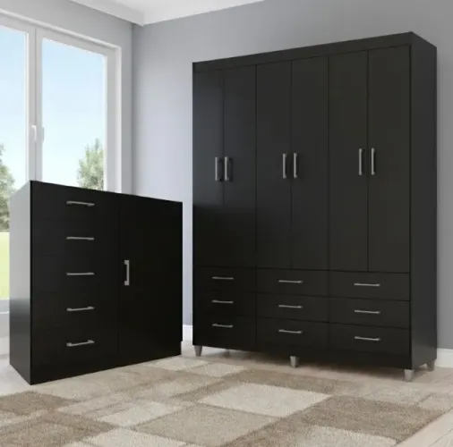 Dormitório Completo Ônix Master com Guarda Roupa e Cômoda Preto
