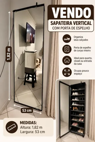 Sapateira de madeira com porta de espelho
