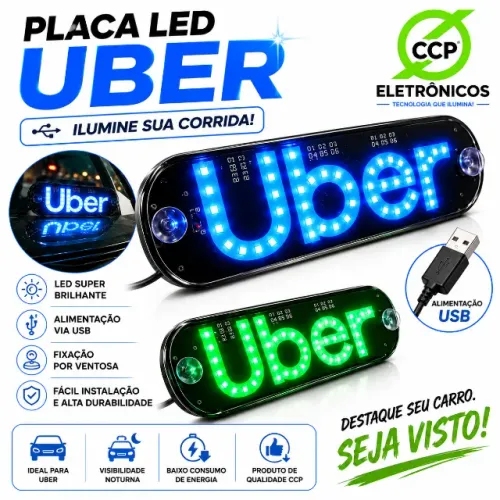 Placa Painel Letreiro Luminoso Vidro Parabrisa Uber Led usb