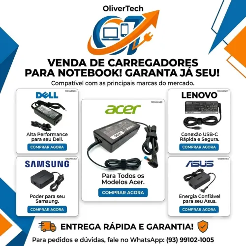Carregador para notebook Dell, Lenovo, Acer, Samsung e Asus