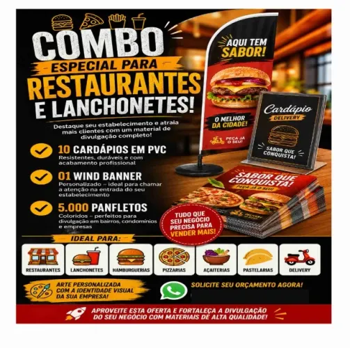 Combo restaurante e lanchonete: 10 cardápios pvc+ 1 wind bannner + 5000 panfletos