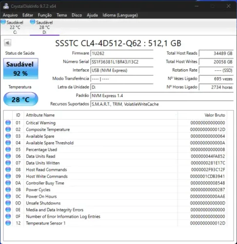 SSD NVMe 512GB Gen4 SSSTC CL4-4D512-Q62 - 92% Saúde - Retirado de Dell Gamer
