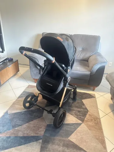Carrinho Moisés, bebê conforto e assento de carro.
