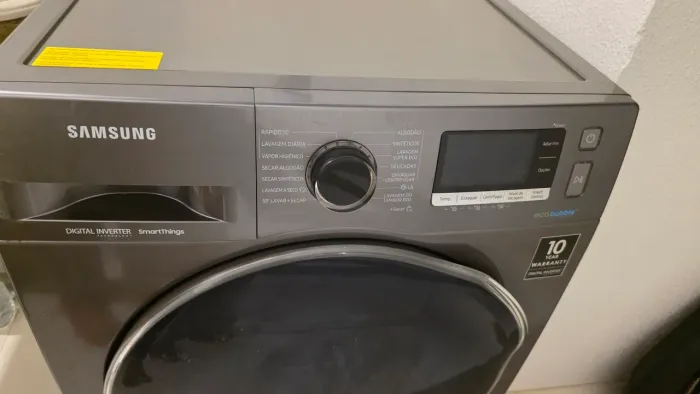 Máquina de lavar roupas Samsung inox 11kg, Digital Inverter SmartThings. Com capa prata.