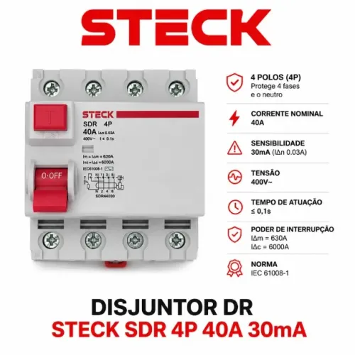 Interruptor Diferencial Residual (DR) Steck 4P 40A 30mA SDR44030