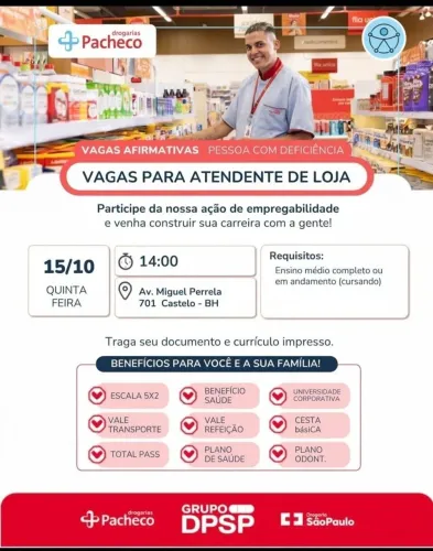 Vaga de atendimento em drogaria
