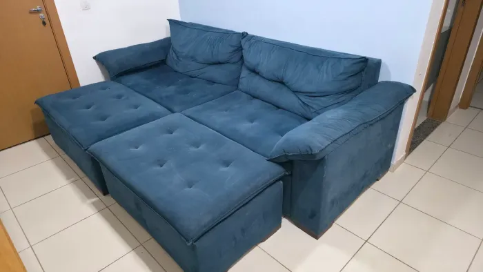 Sofá 5 lugares, azul petróleo, com dois chaises 100% MDF - Ótimo Estado