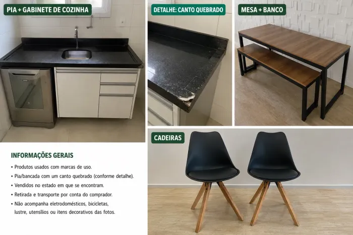 Produtos usados à venda : pia + gabinete, mesa, banco e cadeiras.