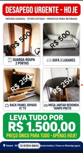 Moveis: Mesa, sofá, roupeiro, rack e geladeira