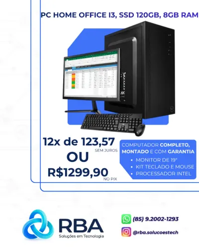 COMPUTADOR HOME OFFICE I3, SSD 120GB, 8GB RAM