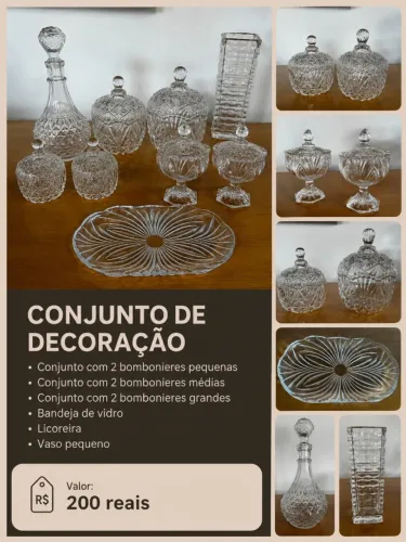 CONJUNTO DE DECORAÇÃO: 2 bombonieres Bandeja de vidro; Licoreira; Vaso pequeno
