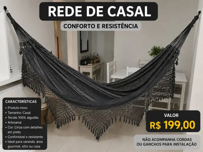 Rede de Descanso Casal Artesanal em Algodão - Nova - Cor Cinza/Preta