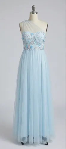 Vestido de Festa Azul Serenity Um Ombro Tule Bordado Floral - Tam 13 anos (Usado 1x)