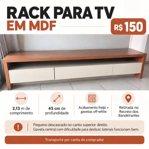 Rack para TV em MDF - 2,13 m - Freijó e Off-White