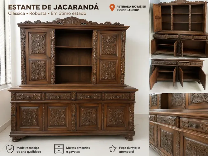Estante/cristaleira em jacarandá maciço com lindos entalhes artesanais.