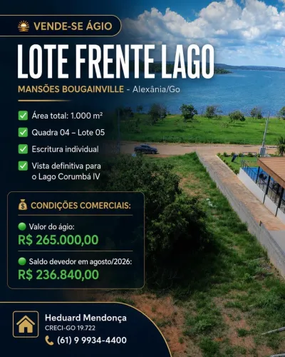 Vendo Ágio de Lote Frente ao Lago Corumbá IV, Mansões Bouganville