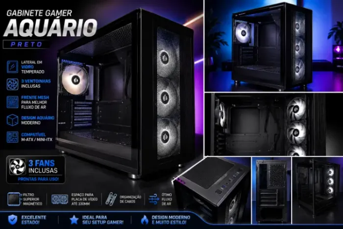 Gabinete Gamer Aquário M-ATX + 3 Fans Funcionando Perfeitamente.