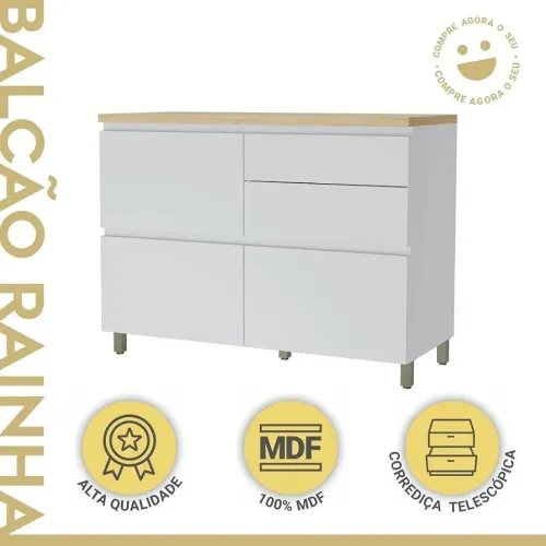 Balcão 100% MDF Nesher 1 Porta Basculante 4 Gavetas Rainha 1.20cm Branco / Nature