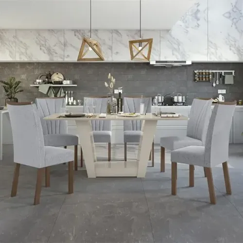 Mesa de Jantar com 6 Cadeiras na cor Cinza