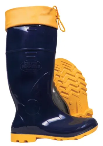 Bota PVC Impermeável, Azul com solado amarelo.