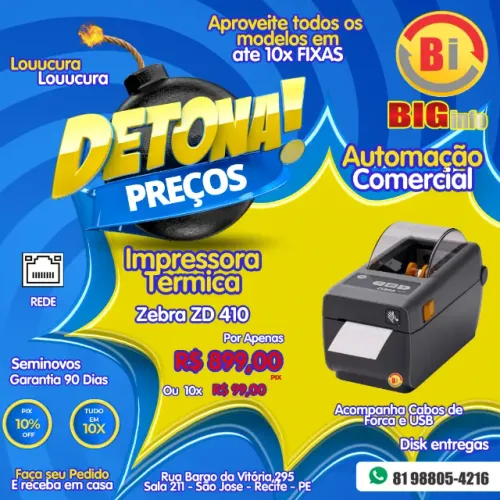 Impressora Termica de Etiquetas Zebra ZD410 com Bluetooth e Rede - Em ate 10x Fixas