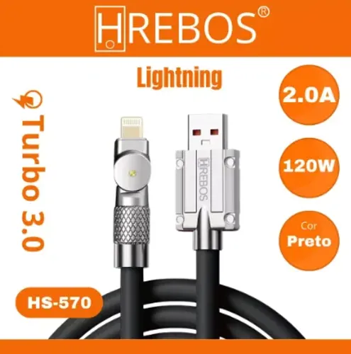 CABO IPHONE IPAD LIGHTINING X USB 1,00 MT ULTRA RESISTENTE TURBO 180 GRAUS HREBOS HS-570